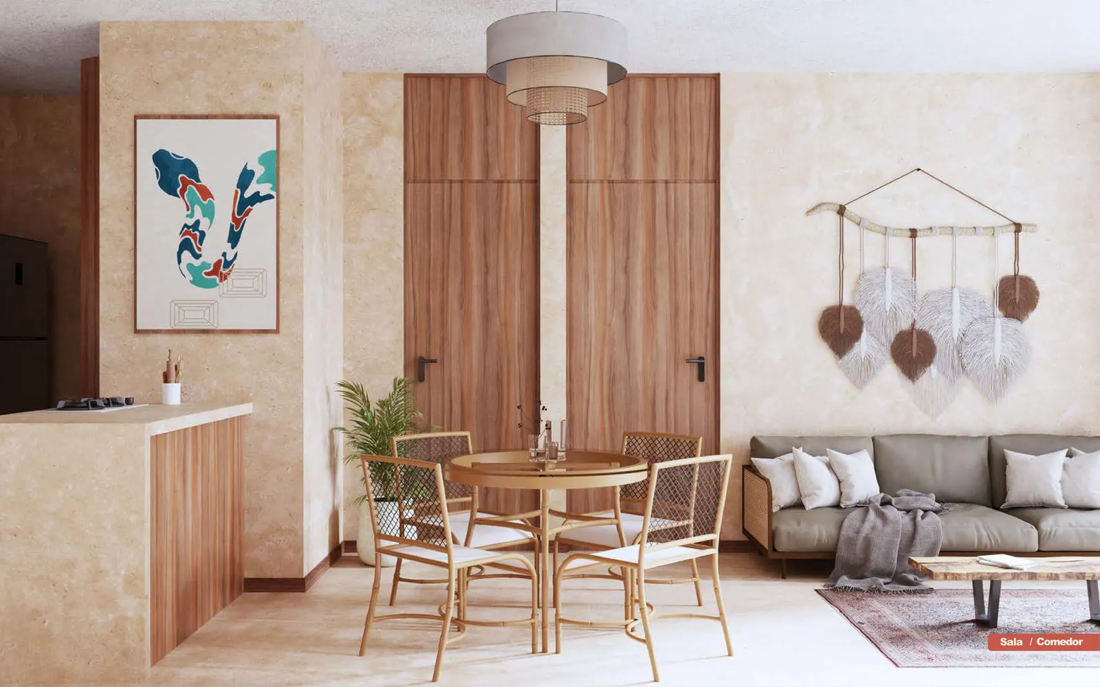 Sala con materiales naturales
